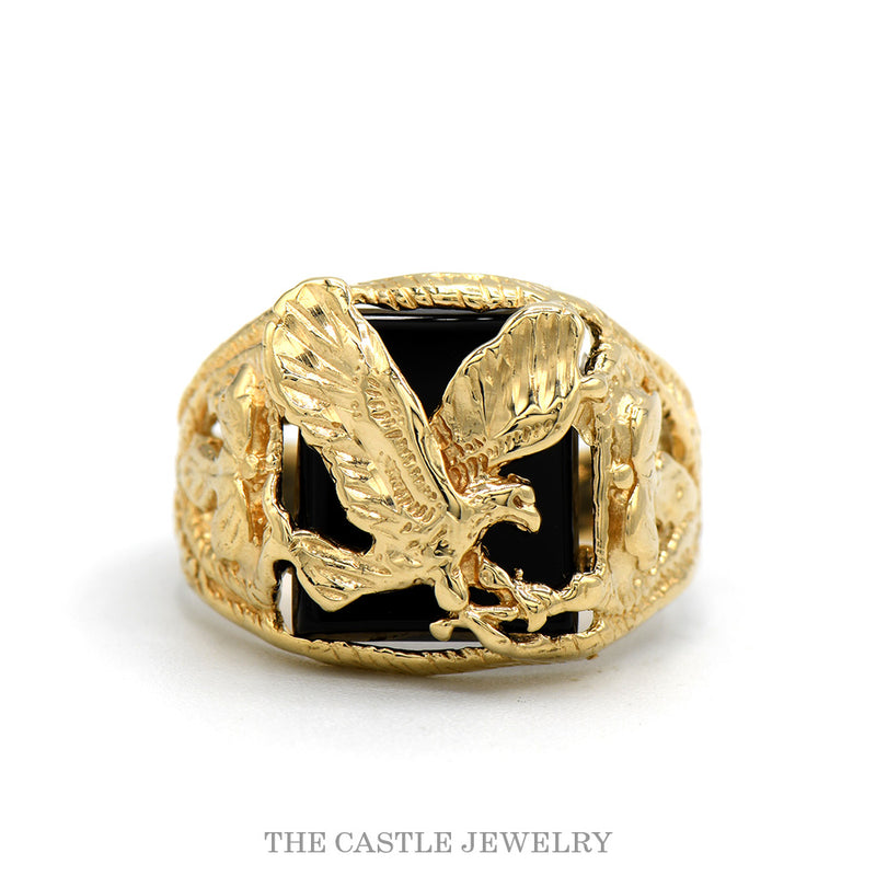 10k yellow gold men's black onyx eagle ring — top view