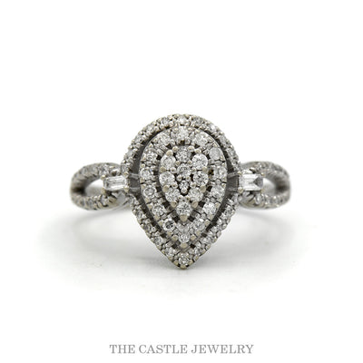 10k white gold pear diamond cluster halo ring — top view