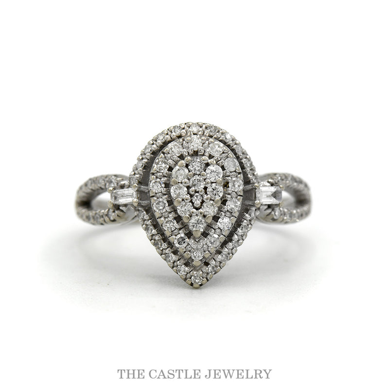 10k white gold pear diamond cluster halo ring — top view