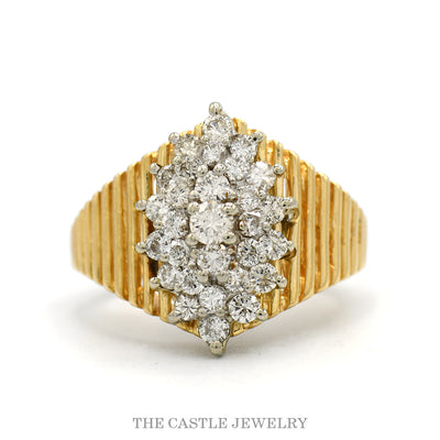 Marquise Shaped Diamond Cluster with Textured Ridged Sides in 14k Yellow Gold