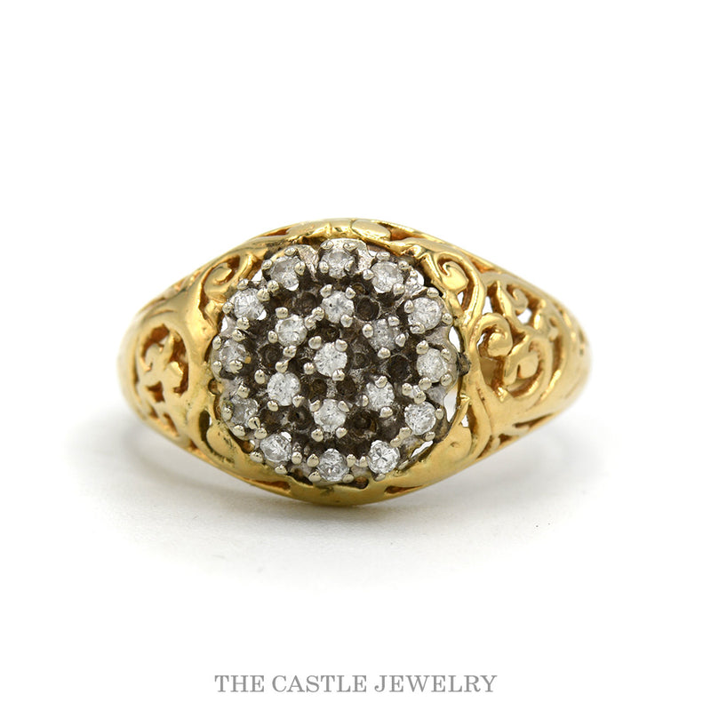 10k yellow gold diamond cluster filigree ring — top view