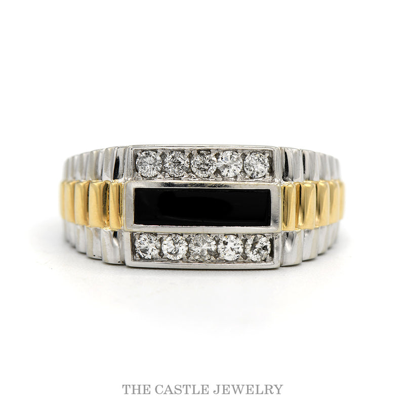 14k two-tone men's black onyx ring with diamond edges and watch-link sides — top view