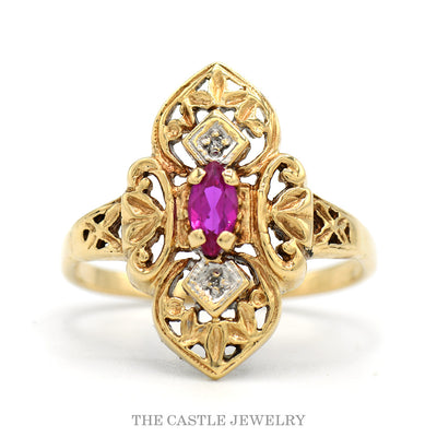 14k yellow gold marquise synthetic ruby filigree navette ring — top view