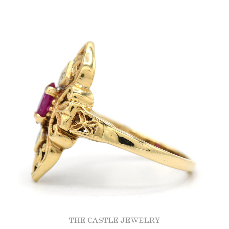 Side profile of the 14k yellow gold synthetic ruby navette ring