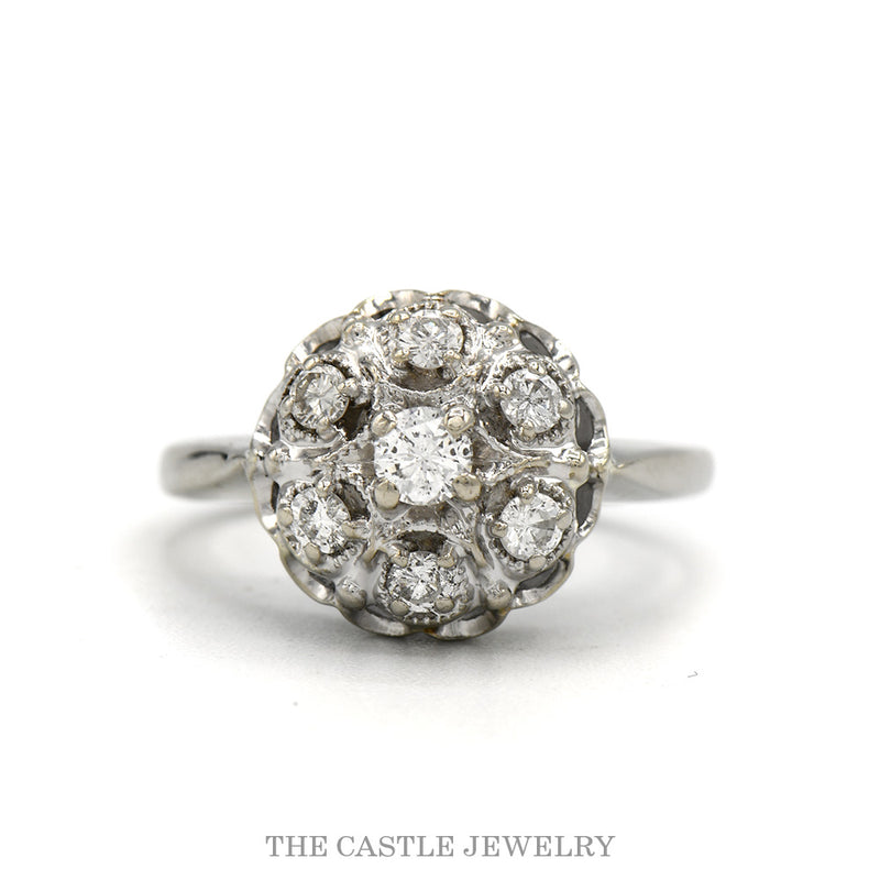 14k white gold 7 round diamond flower cluster ring — top view