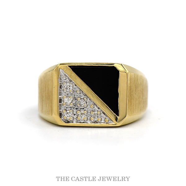 14k yellow gold men's black onyx and diamond split face ring — top view