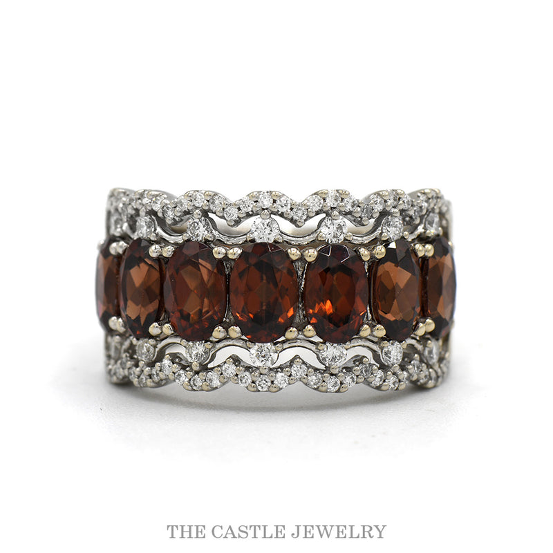 14k white gold seven oval cognac zircon band with diamond lace borders — top view