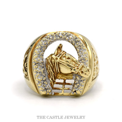 10k yellow gold diamond horseshoe ring with horse head — top view
