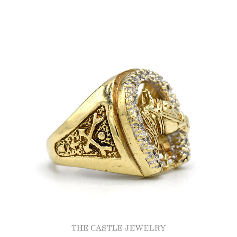 Front-facing view of the diamond accented horseshoe and horse head ring in 10k yellow gold