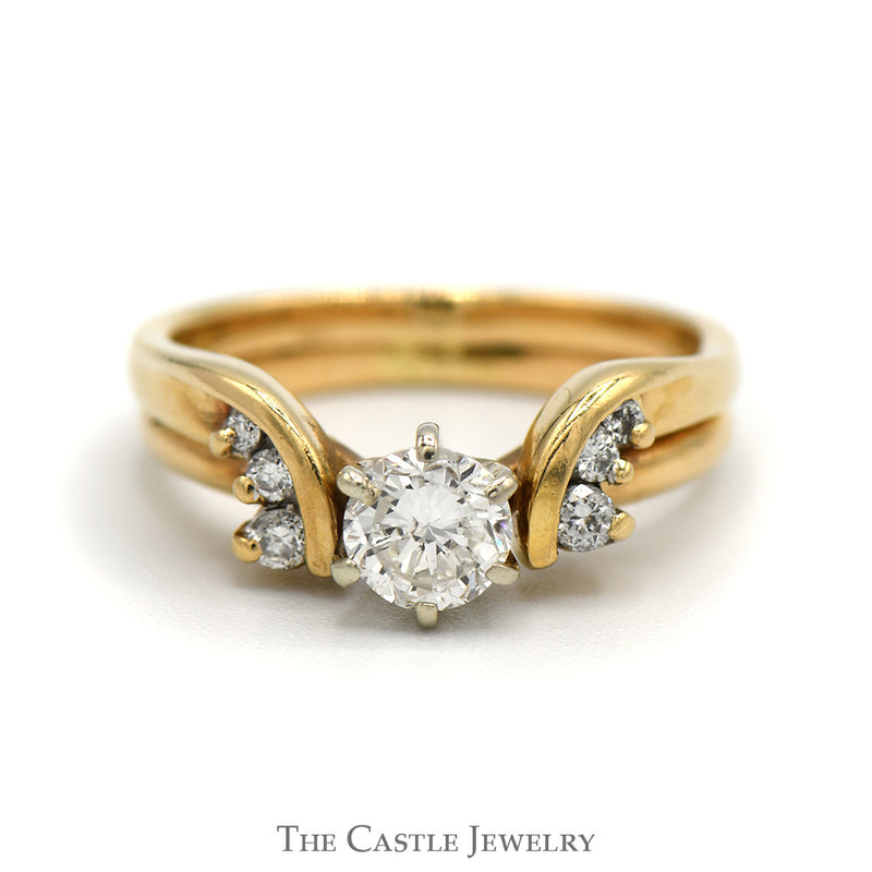 Round Brilliant Cut Diamond Bridal Set with Diamond Accented Soldered Band in 14k Yellow Gold