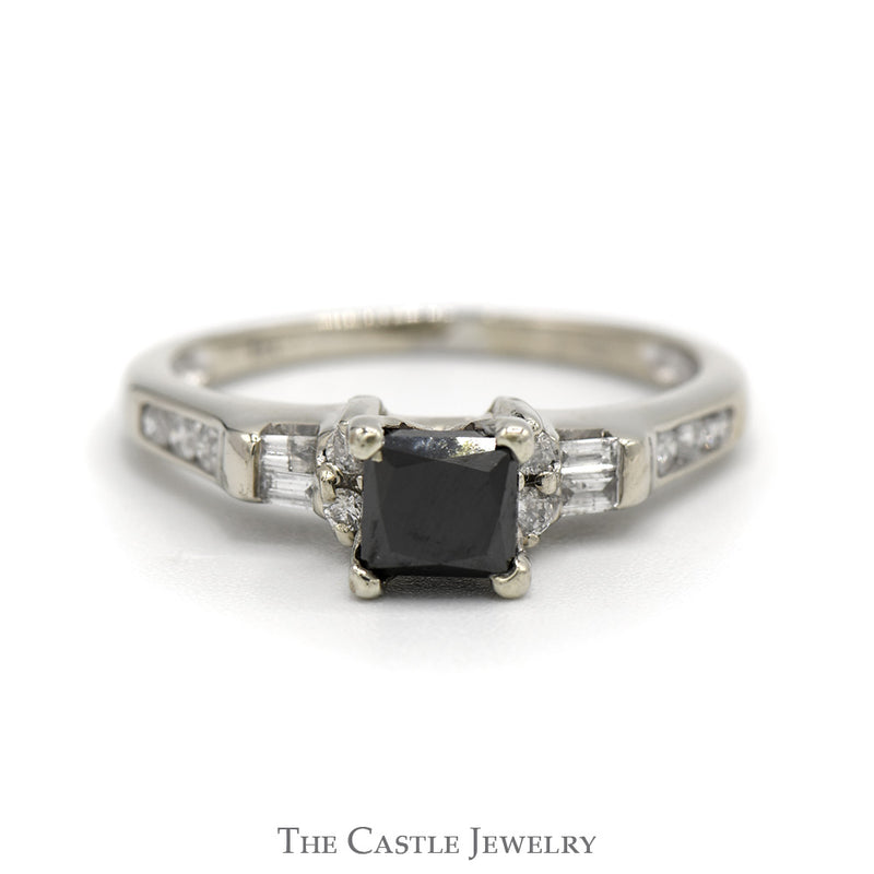 Princess Cut Black Diamond Engagement Ring with Round & Baguette Diamond Accents in 14k White Gold