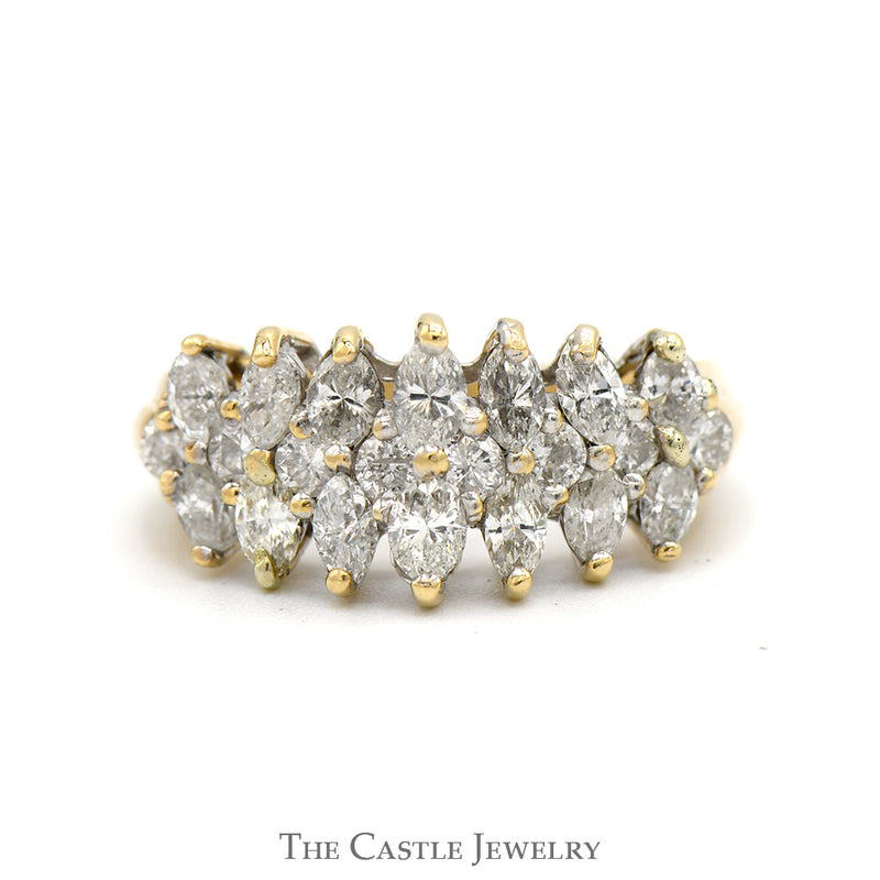 A 1.5cttw Marquise and Round Diamond Cluster Band in 14k Yellow Gold, displayed on a white background.