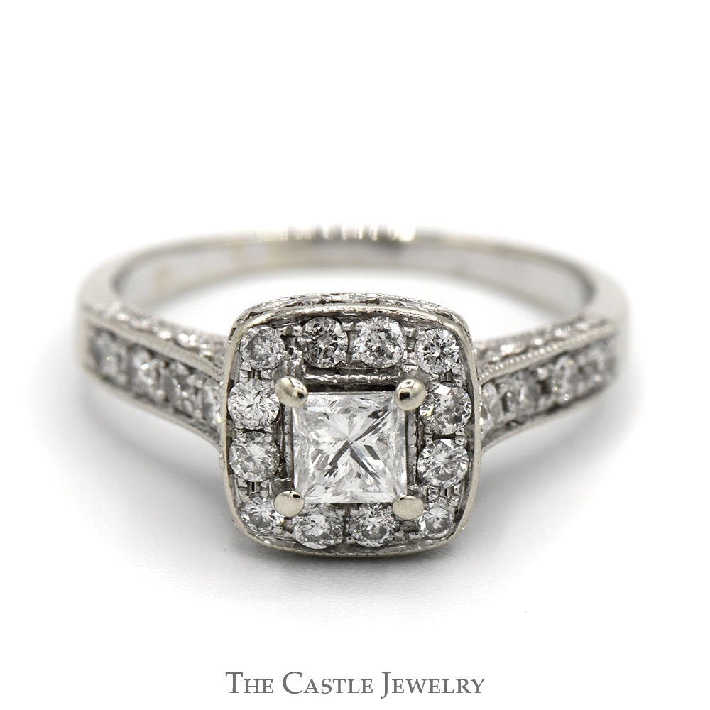 Princess Cut Diamond Engagement Ring with Square Halo and Accented