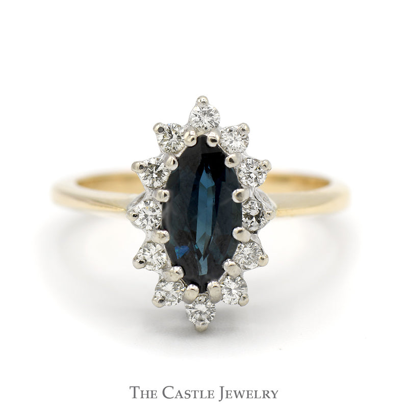 Marquise Sapphire Ring with 1/4cttw Diamond Halo in 14k Yellow Gold