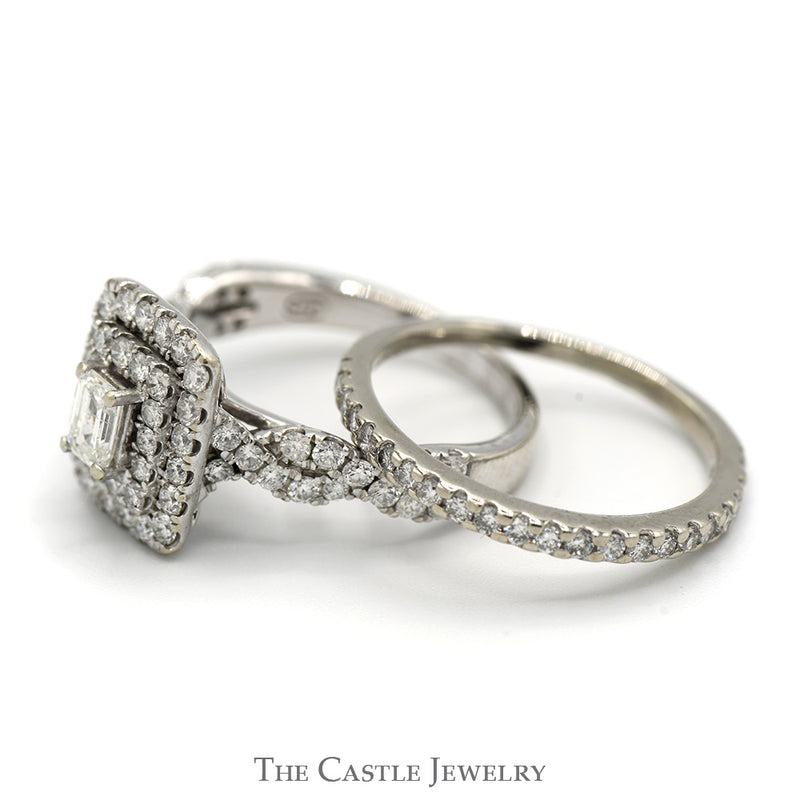 1.5cttw Emerald Cut Diamond Bridal Set with Double Diamond Halo and Accents and Matching Band in 10k White Gold