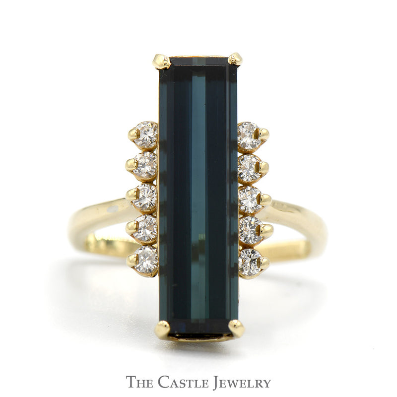 Elongated Blue Tourmaline Ring with Round Diamond Accents in 10k Yellow Gold