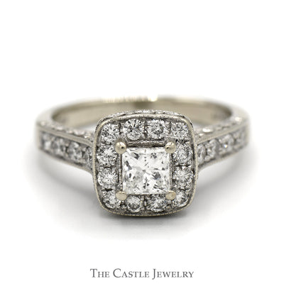 Princess Cut Diamond Engagement Ring with Diamond Halo and Accents in 14k White Gold
