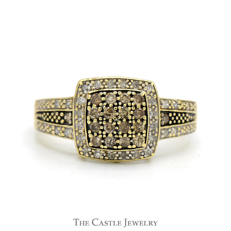 Square Shaped Brown Diamond Cluster Ring with White Diamond Halo & Accented Sides in 10k Yellow Gold