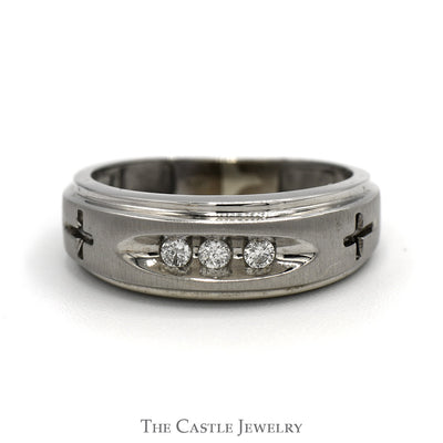 Nick Set Three Stone Diamond Band with Etched Cross Sides in 10k White Gold