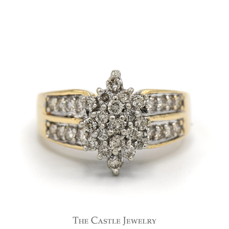 Marquise Shaped 3/4cttw Diamond Cluster Ring with Diamond Accented Sides in 10k Yellow Gold