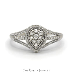 Pear Shaped Diamond Cluster Ring with Diamond Halo and Accented Split Shank Sides in 10k White Gold