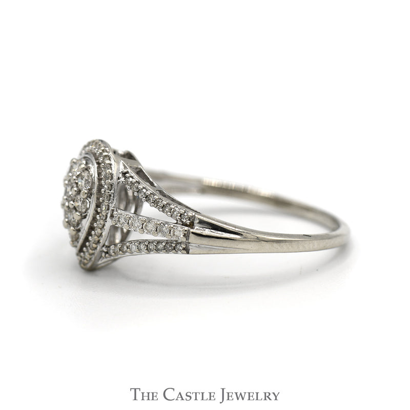 Pear Shaped Diamond Cluster Ring with Diamond Halo and Accented Split Shank Sides in 10k White Gold