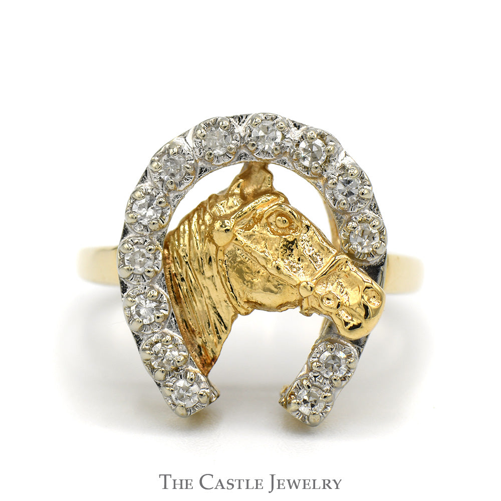 1/4cttw Round Diamond Horseshoe Ring with Horse Head in 14k Yellow Gold