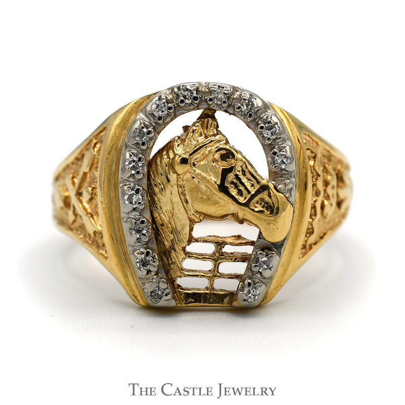 Diamond Accented Horseshoe Ring with Horse Head Center in 10k Yellow Gold