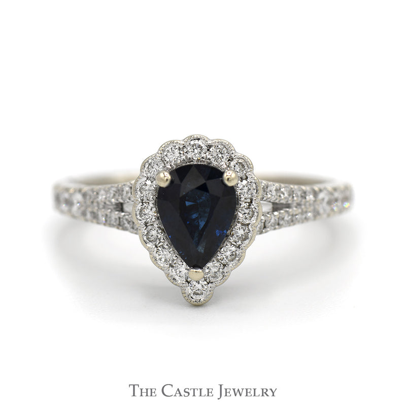 Neil Lane Designer Pear Cut Sapphire Ring with Diamond Halo and Accented Sides in 14k White Gold