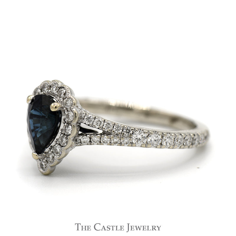 Neil Lane Designer Pear Cut Sapphire Ring with Diamond Halo and Accented Sides in 14k White Gold