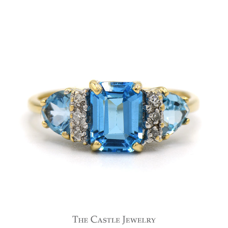 Emerald Cut Blue Topaz Ring with Trillion Cut Sides and Diamond Accents in 10k Yellow Gold