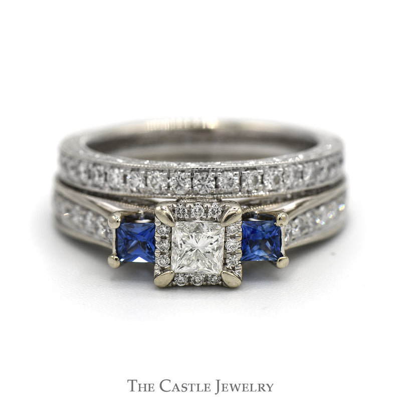 1.15cttw Princess Cut Diamond Neil Lane Designer Bridal Set with Sapphire Accents and Matching Band in 14k White Gold