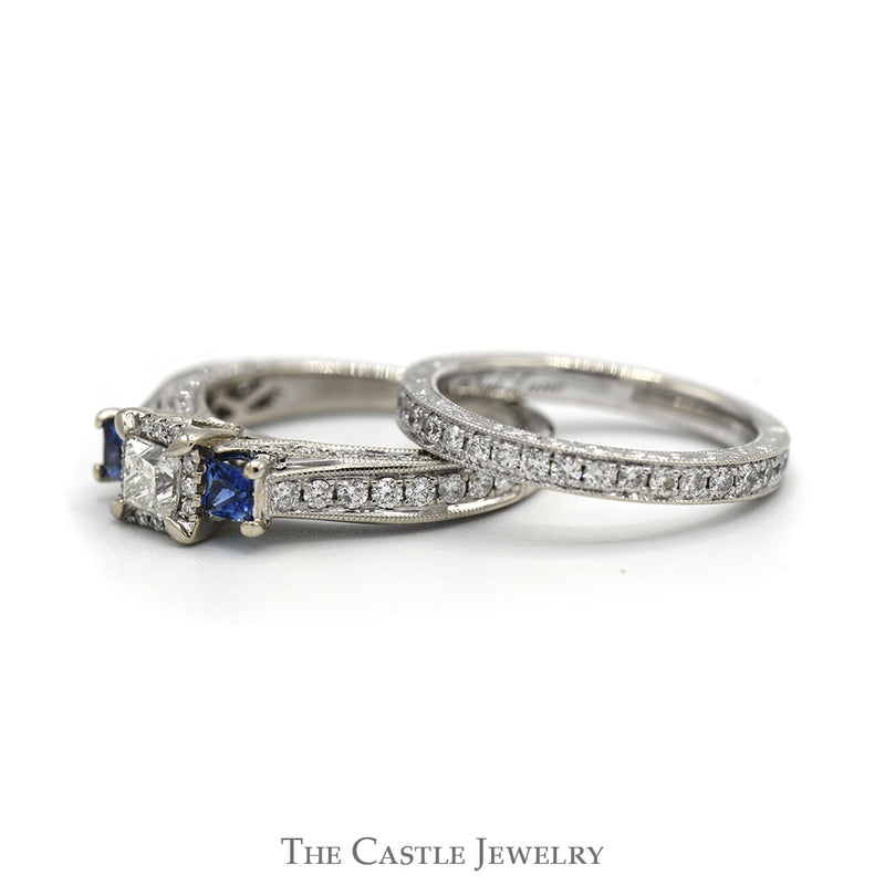 1.15cttw Princess Cut Diamond Neil Lane Designer Bridal Set with Sapphire Accents and Matching Band in 14k White Gold