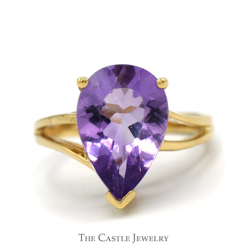 Pear Cut Amethyst Ring with Split Shank Sides in 10k Yellow Gold