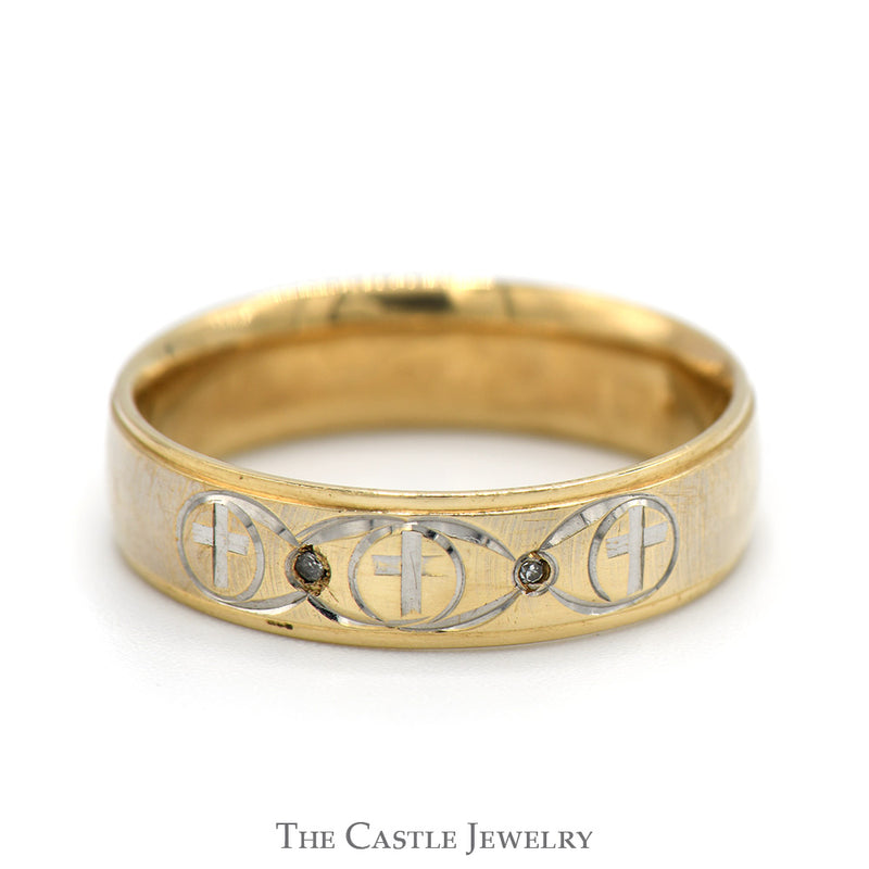 6mm Wide Men's Cross Designed Wedding Band with Diamond Accents in 10k Yellow Gold