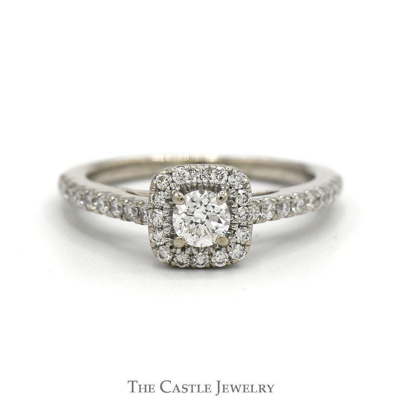 1/2cttw Round Diamond Vera Wang Designer Engagement Ring with Diamond Halo and Accented Sides in 14k White Gold