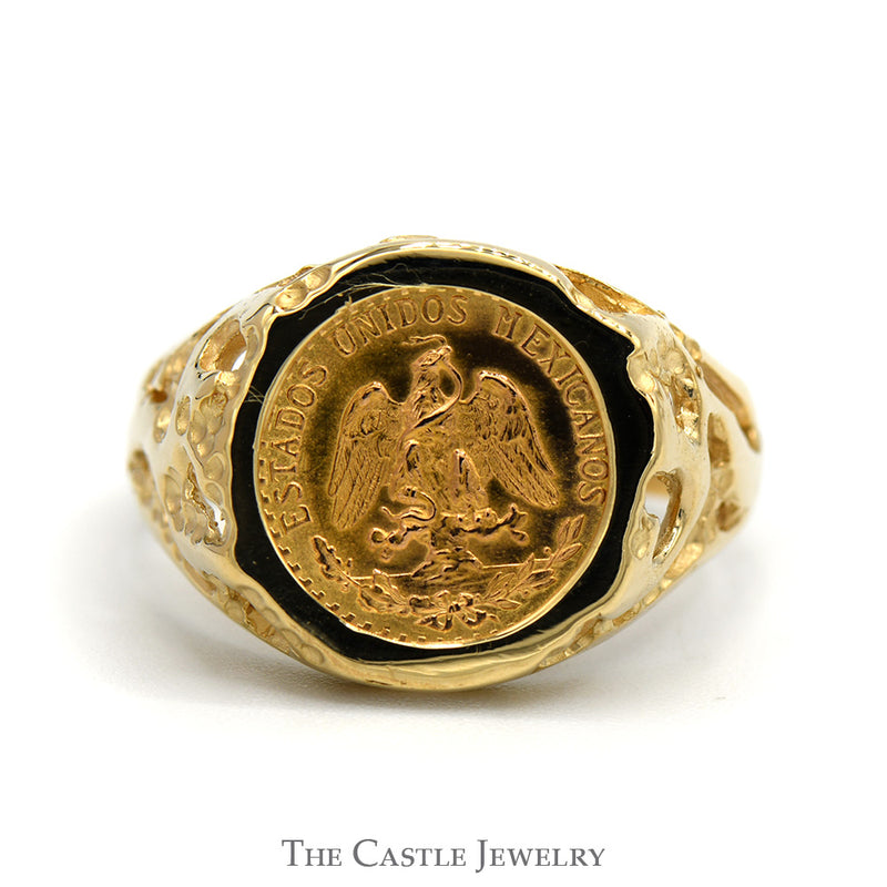 Dos Pesos Mexican Coin Ring with Open Nugget Sides in 14k Yellow Gold
