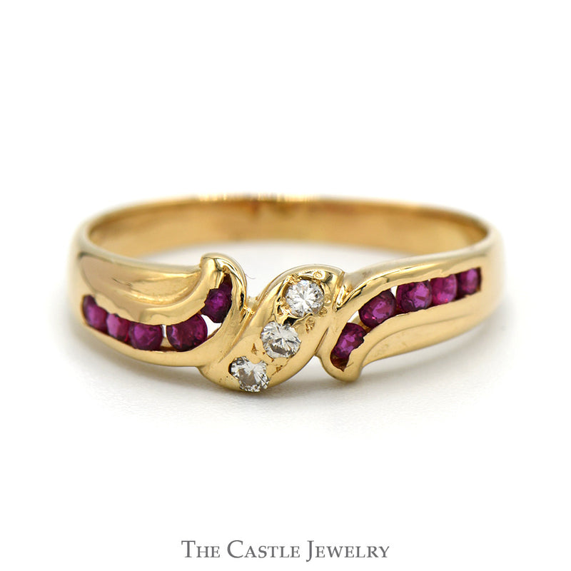 Triple Diamond Ring with Channel Set Ruby Sides in 14k Yellow Gold Bypass Band