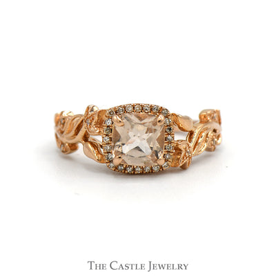 Cushion Cut Morganite Ring with Diamond Halo, Leaf & Flower Designed Sides in 14k Rose Gold