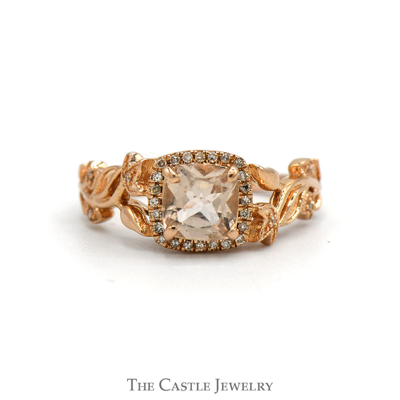 Cushion Cut Morganite Ring with Diamond Halo, Leaf & Flower Designed Sides in 14k Rose Gold