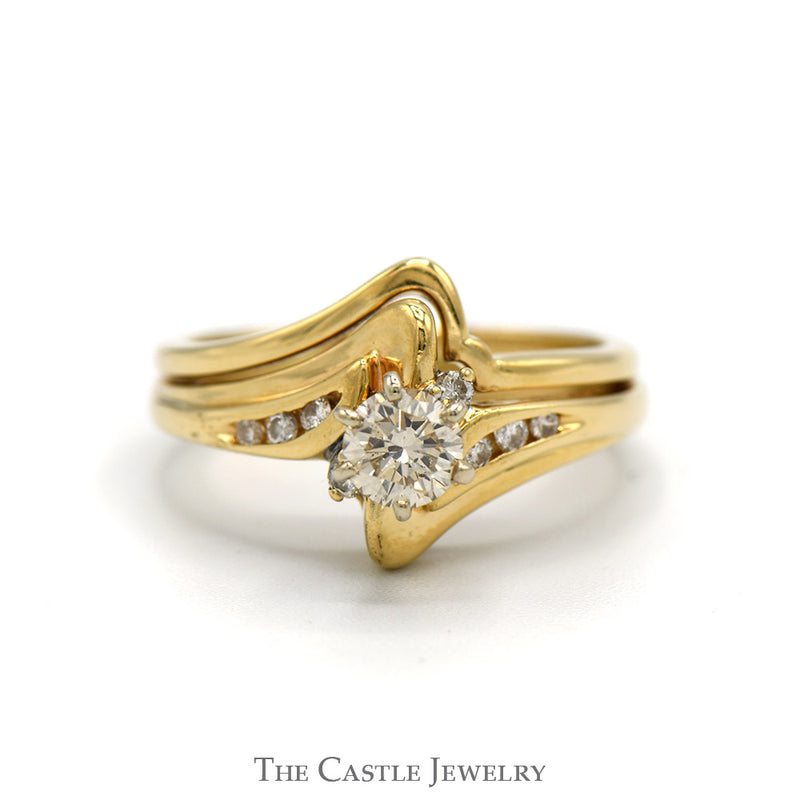 Round Diamond Solitaire Bridal Set with Diamond Accented Sides and Matching Curved Band in 14k Yellow Gold