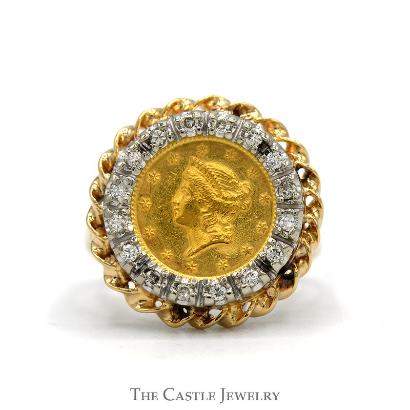 1851 Liberty Coin Ring with Diamond Rope Designed Bezel in 14k Yellow Gold Mounting