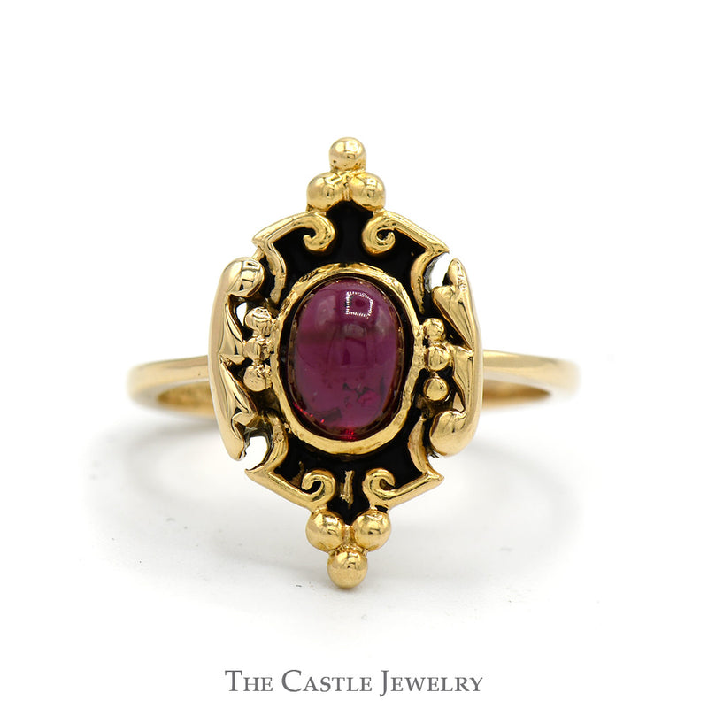 Oval Cabochon Garnet Ring in 14k Yellow Gold Ornate Shield Designed Mounting