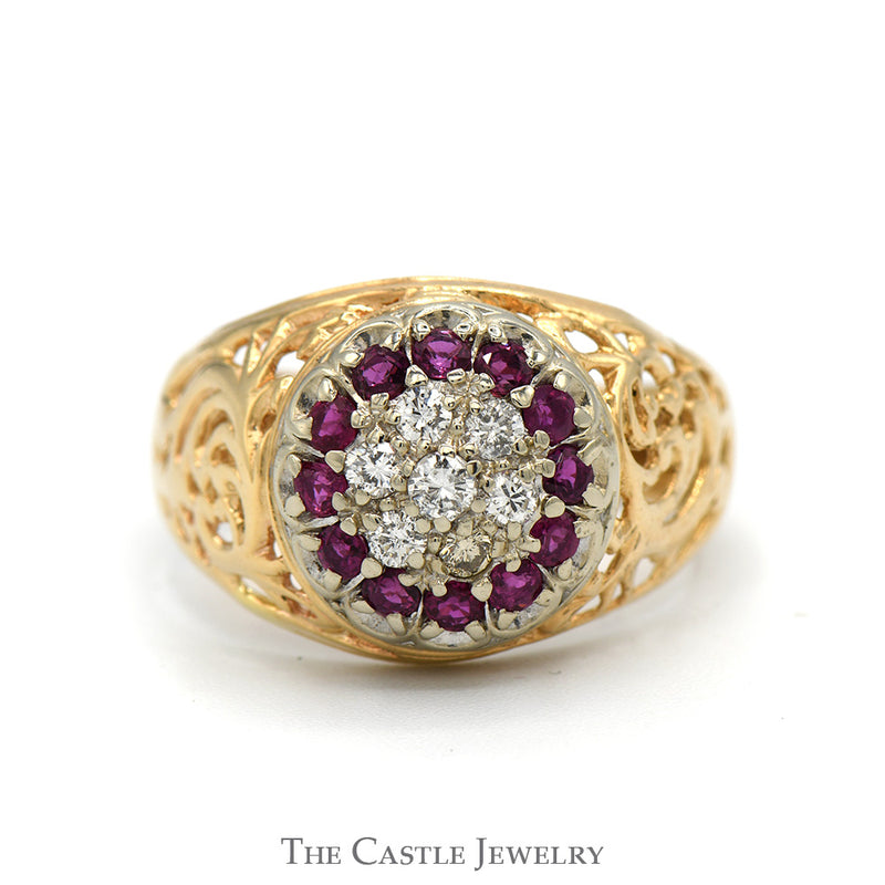 Ruby & Diamond Kentucky Cluster Ring with Open Filigree Sides in 14k Yellow Gold