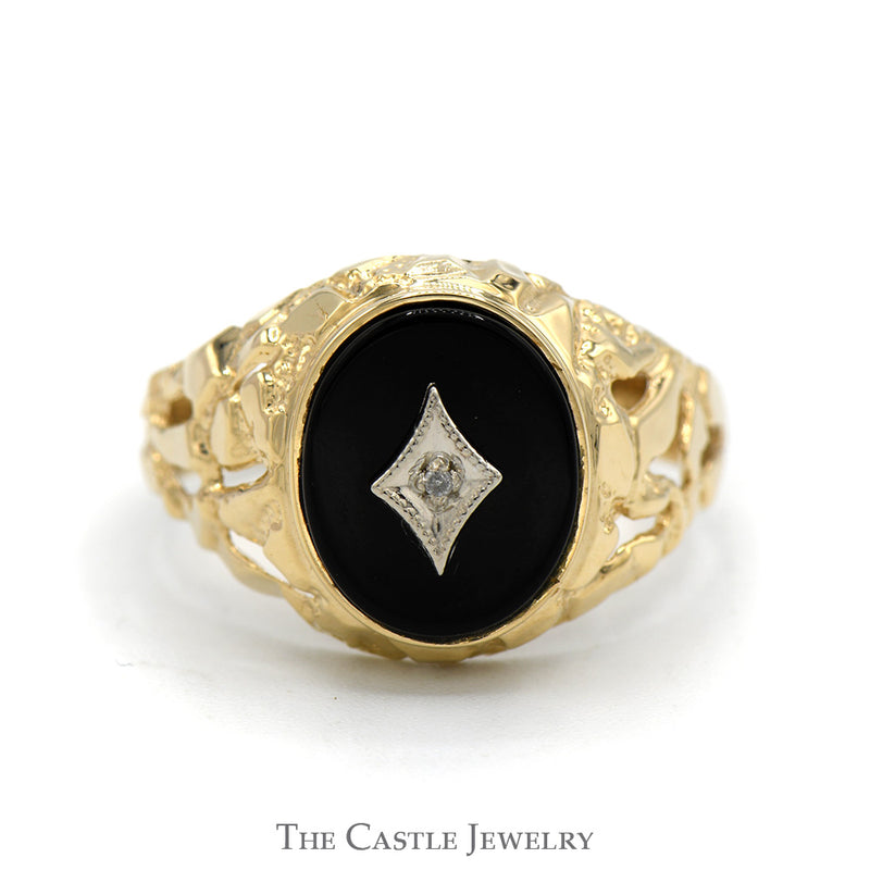 Oval Black Onyx Ring with Diamond Accent and Open Nugget Style Sides in 10k Yellow Gold