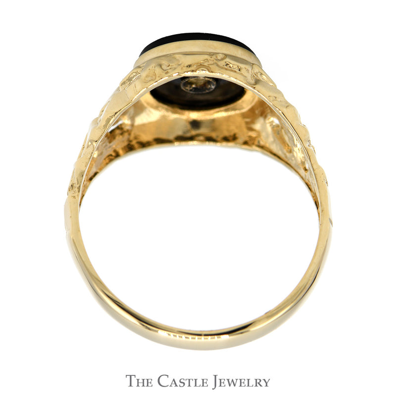 Oval Black Onyx Ring with Diamond Accent and Open Nugget Style Sides in 10k Yellow Gold