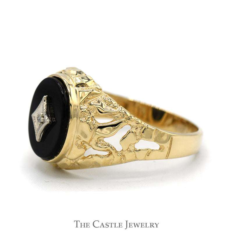 Oval Black Onyx Ring with Diamond Accent and Open Nugget Style Sides in 10k Yellow Gold