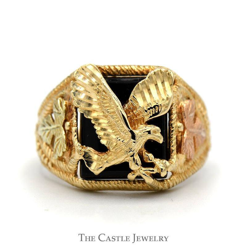 Black Onyx Eagle Ring with Leaf Designed Sides in Two Tone 10k Yellow & Rose Gold