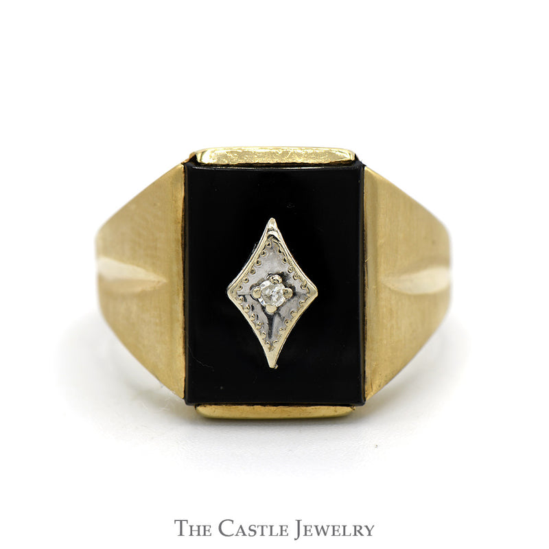 Rectangular Black Onyx Ring with Diamond Accent and Grooved Sides in 10k Yellow Gold