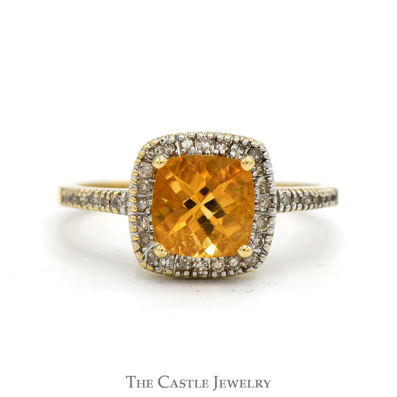 Cushion Cut Citrine Ring with Diamond Halo and Accented Sides in 14k Yellow Gold